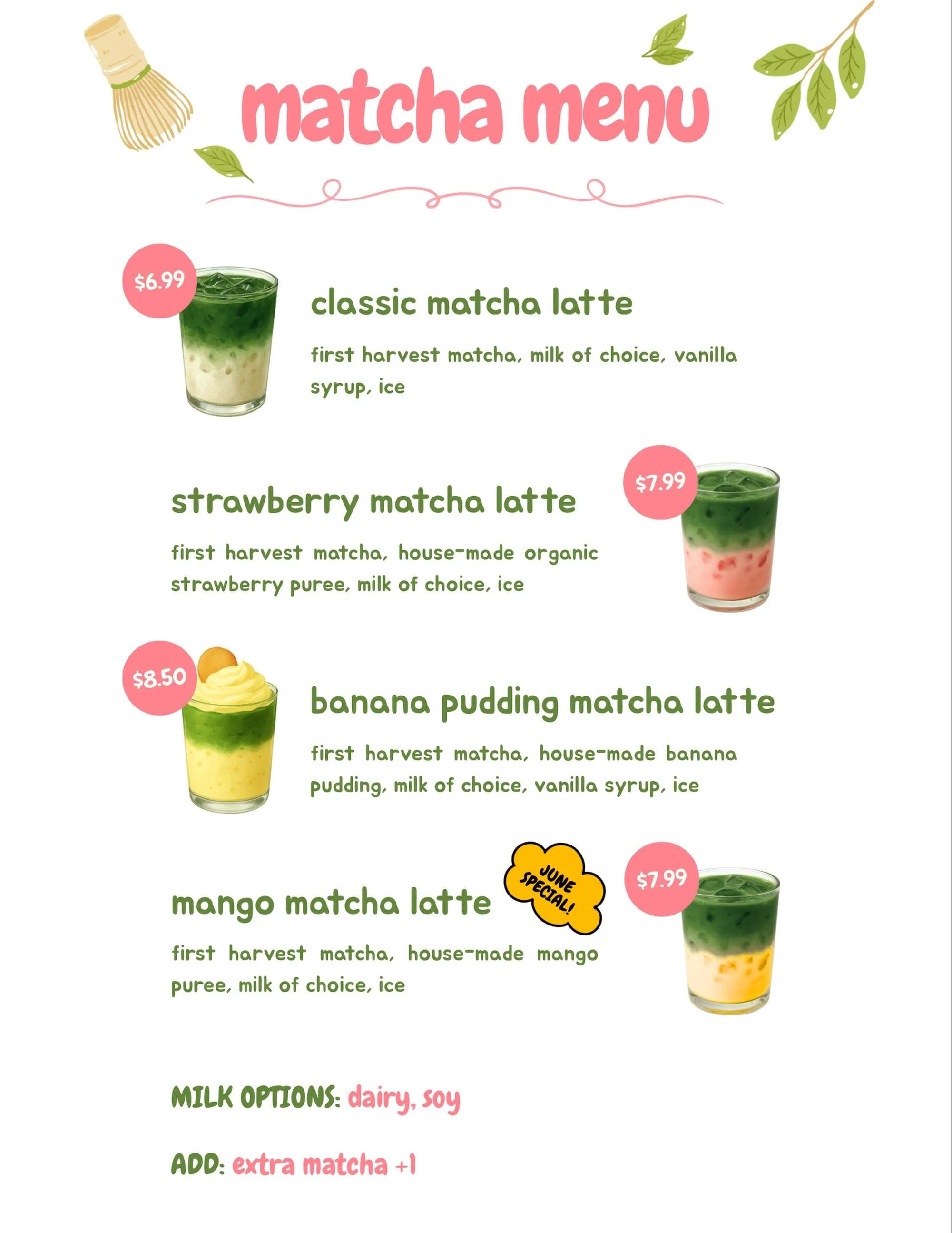 Official menu for matcha!

True Kimchi Korean Cafe 
📍2805 E State Blvd Fort Wayne, IN 46805

Hours:
Tues-Sat: 11a-7p; Sun: 11a-4p

#fortwayne #koreancafe #koreanconveniencestore #편의점 #먹방