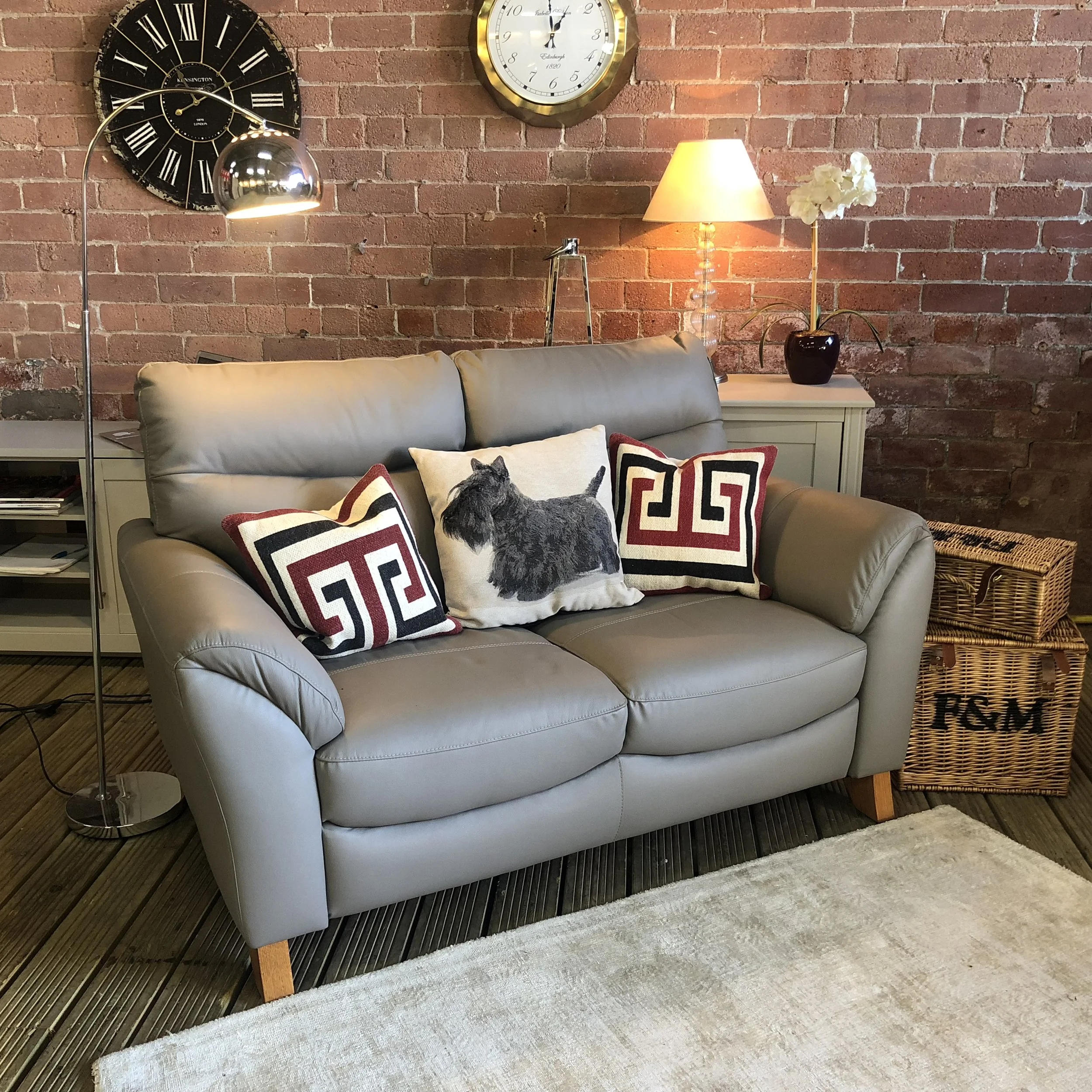 Grey Real Leather Wooden Legs | Two Seater