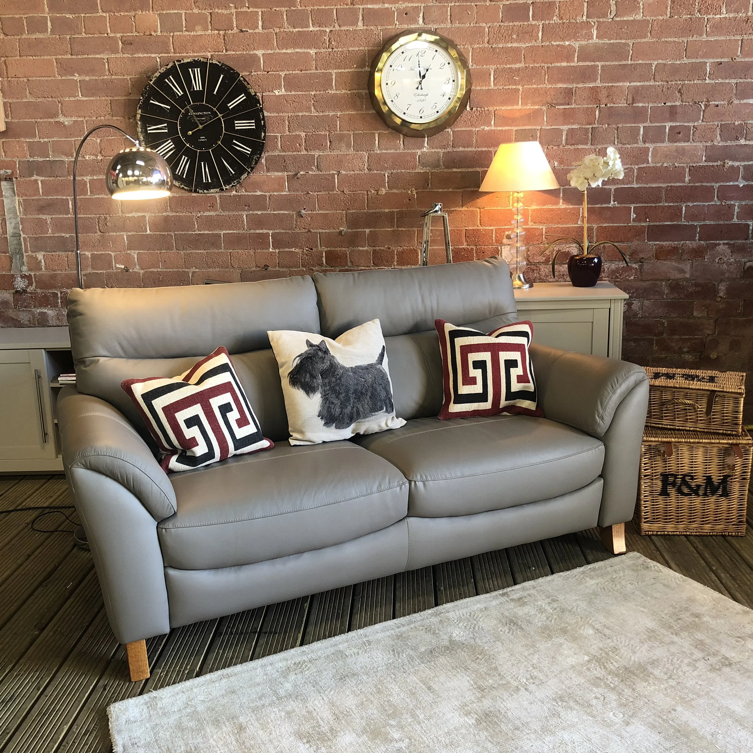 Grey Real Leather Wooden Legs | Three Seater