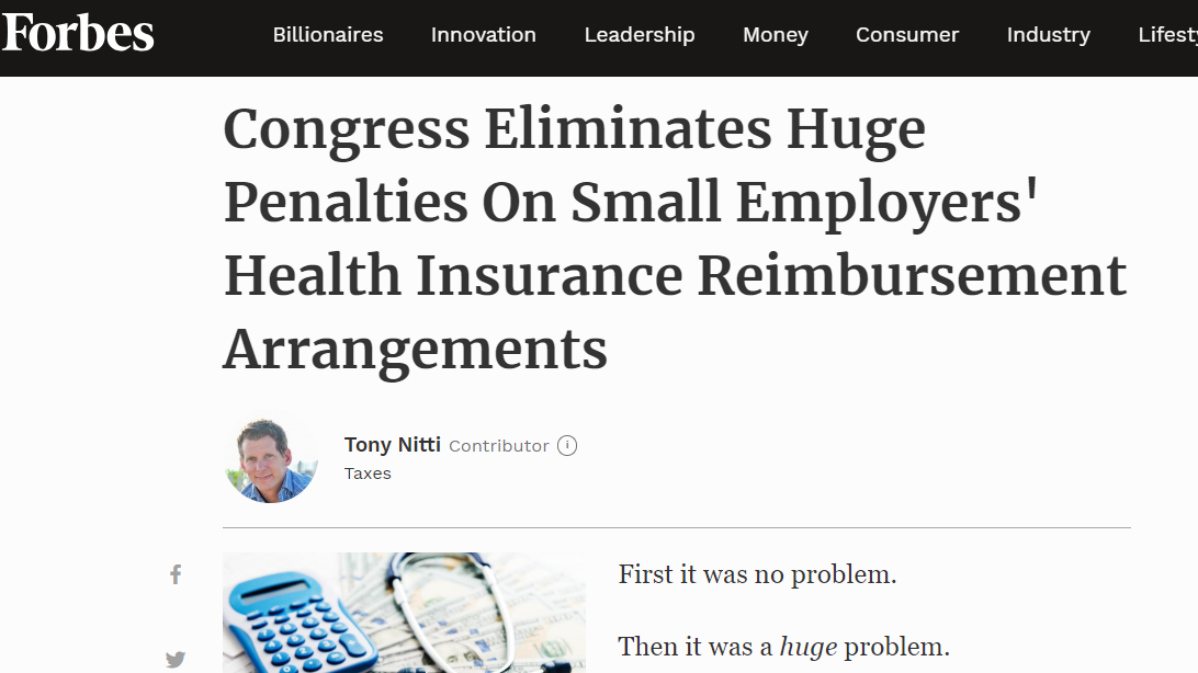 Congress Eliminates Huge Penalties On Small Employers' Health Insurance Reimbursement Arrangements