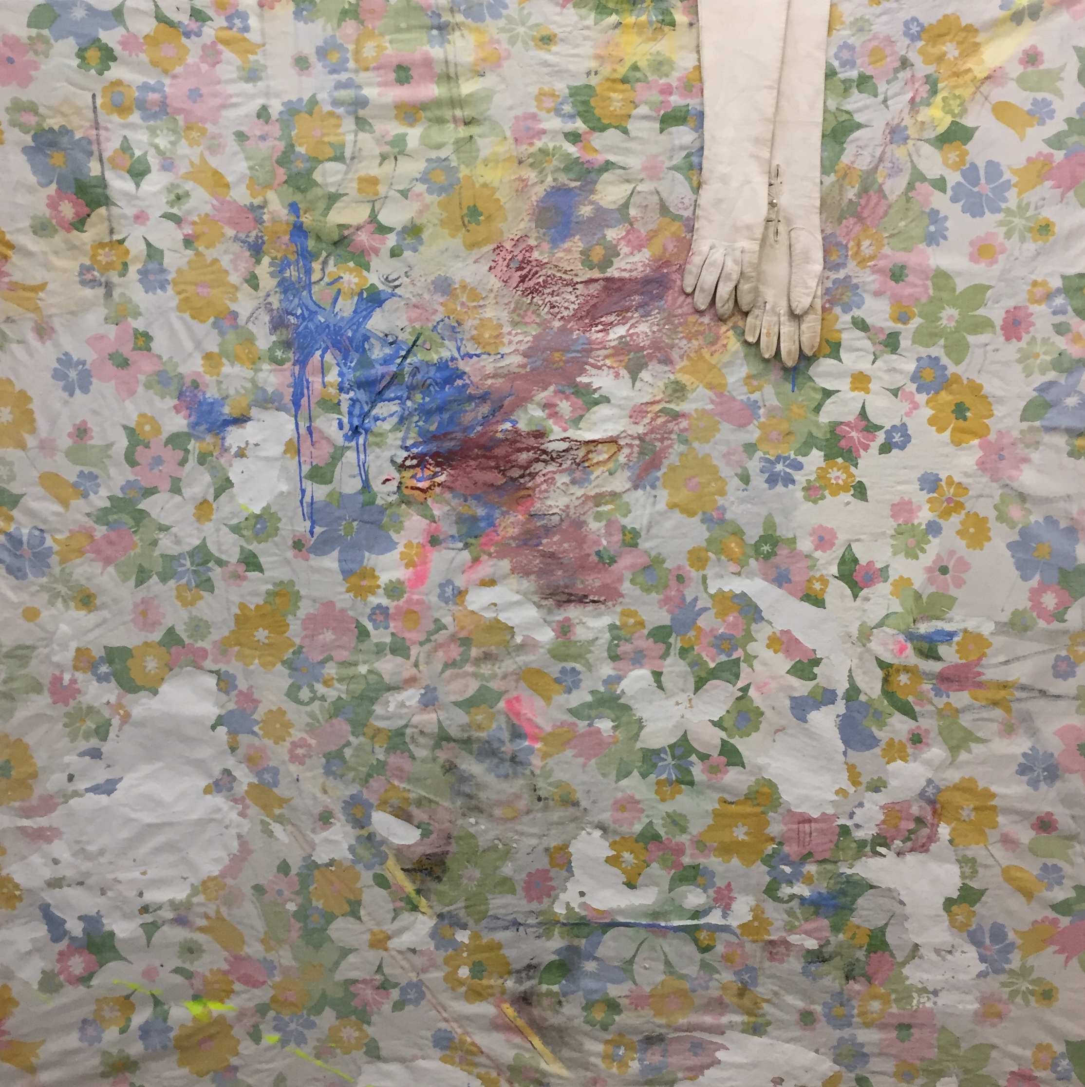 Wadjee, 2019 salvaged bed sheet, rabbit skin glue, acrylic, mid century vintage leather evening gloves