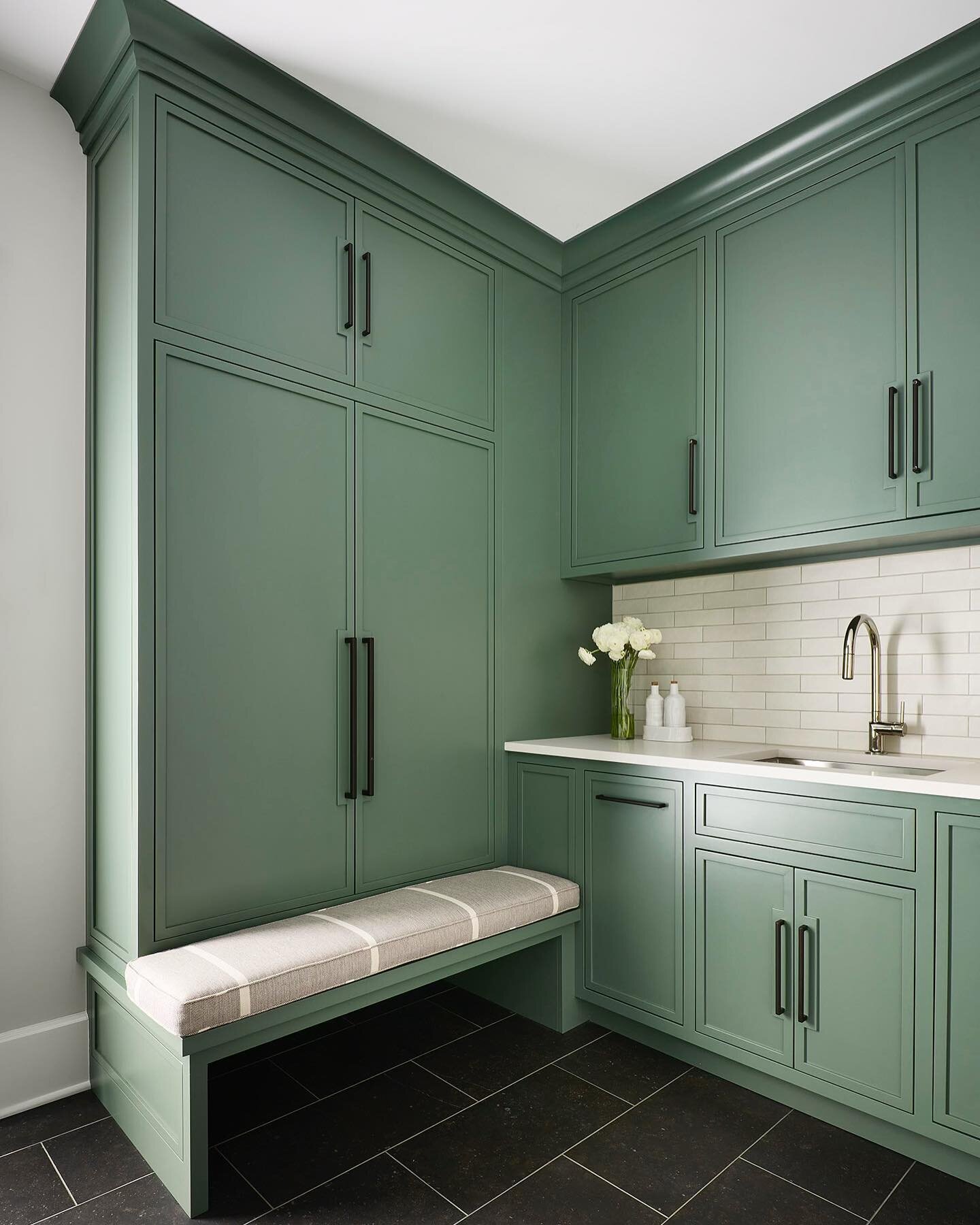 Sharing this new mudroom on our feed&mdash;we moved the laundry room out (to its own dedicated room) and made this spot the ultimate drop zone for this family of five. Not shown is a wall of enclosed lockers&mdash;one for each member of the family. H