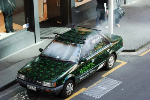  Additionally, a promo car was covered in marijuana leaf decals with jet-black&nbsp;tints, with a smoke machine in the interior and parked up on&nbsp;  High  &nbsp;Street. 