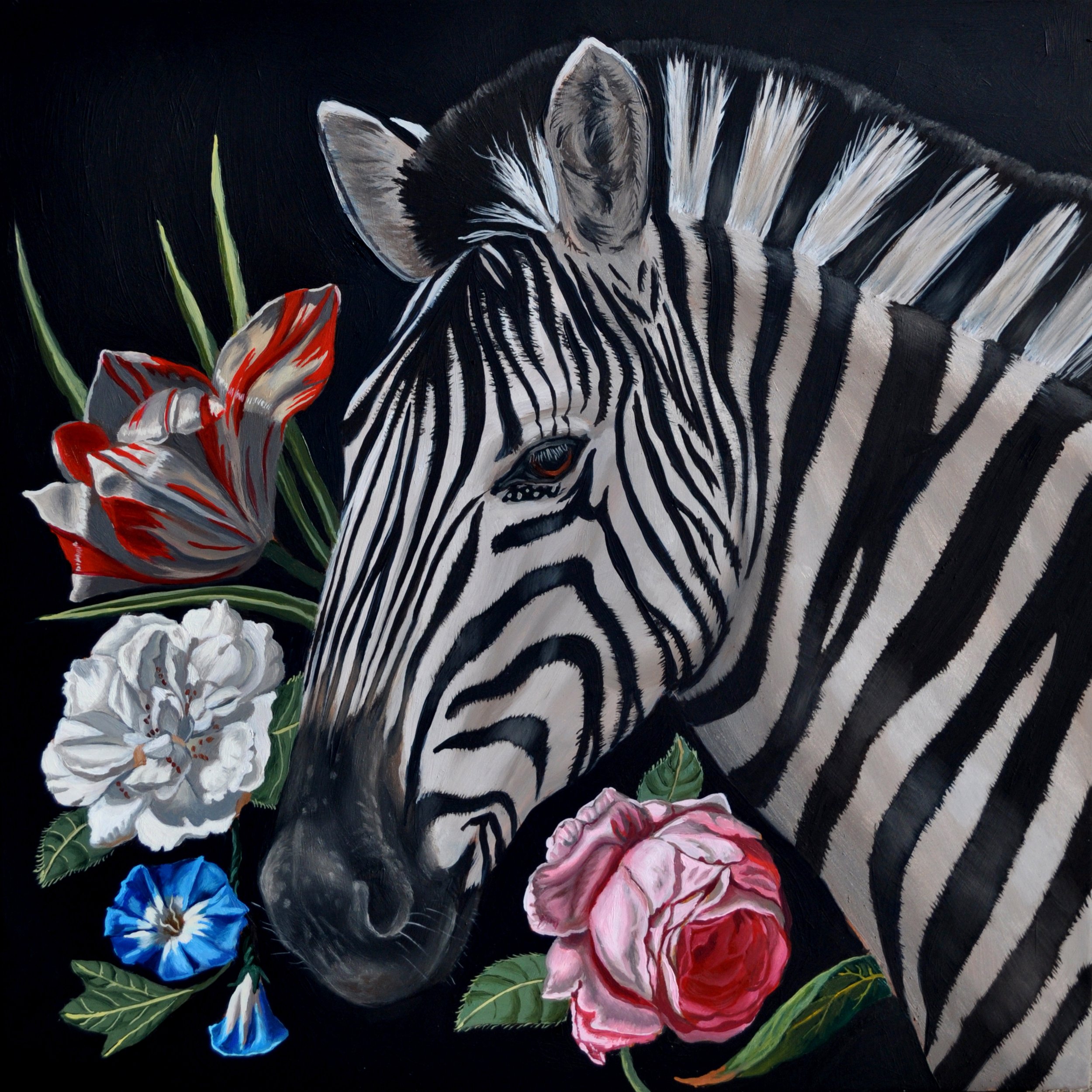 Portrait of a Zebra with Flowers (SOLD)