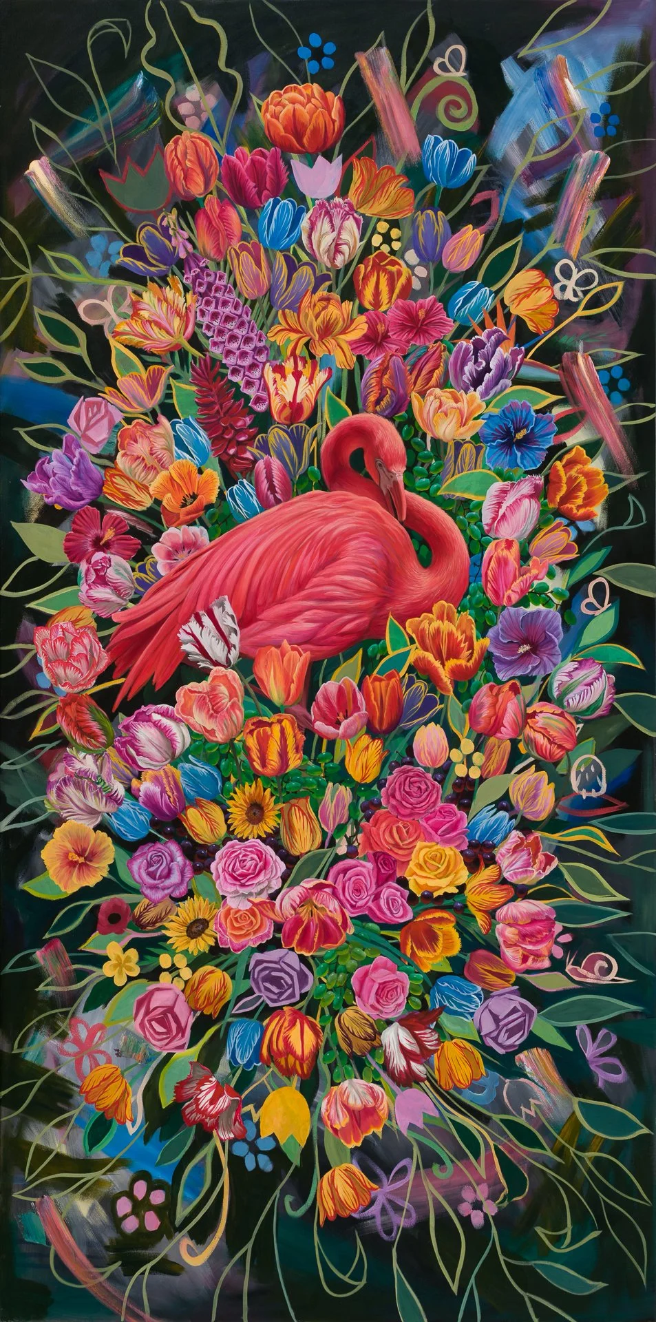 A Flamingo Resting Among Tulips