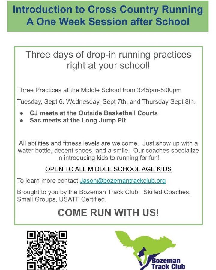 Inviting all middle school age kids to fall for Cross Country!  Three drop in practices after Labor Day at CJ and Sac.