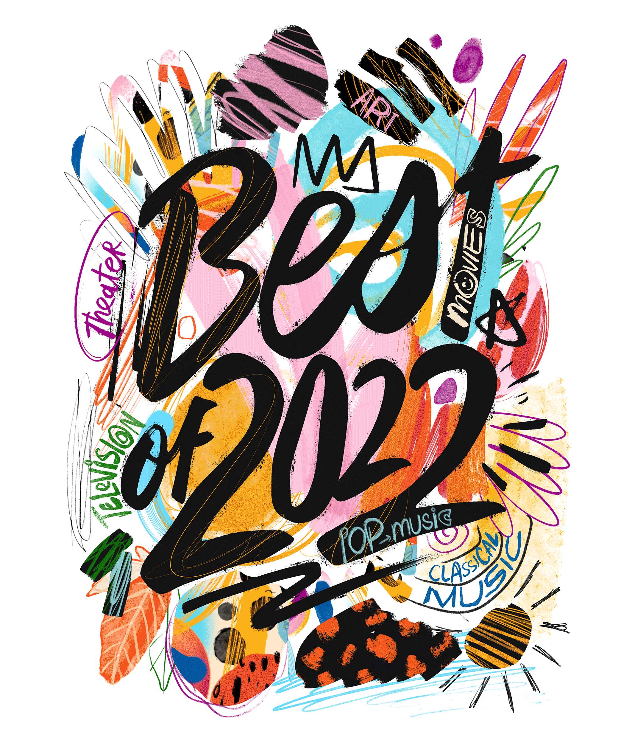 Illustrations for the Best of the Arts roundup series in 2022. Credit: David Milan for The Washington Post