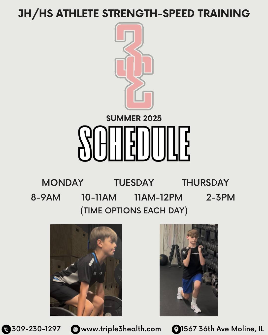 🚨SIGN UP TODAY🚨 Its not too late to sign up and get your athlete stronger and faster this summer. 🔗⬇️

https://www.triple3health.com/store/p/youth-summer-sc-camp-1
