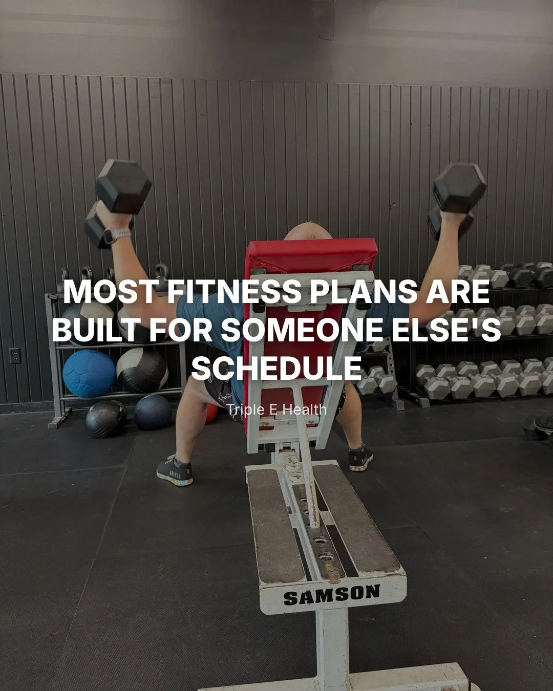 Most templates are built for an average person who doesn't exist. That's why they stall out by week three. Triple E Health starts with your schedule, your goals, and your history, then builds the exercise and nutrition plan around it. That's the whol