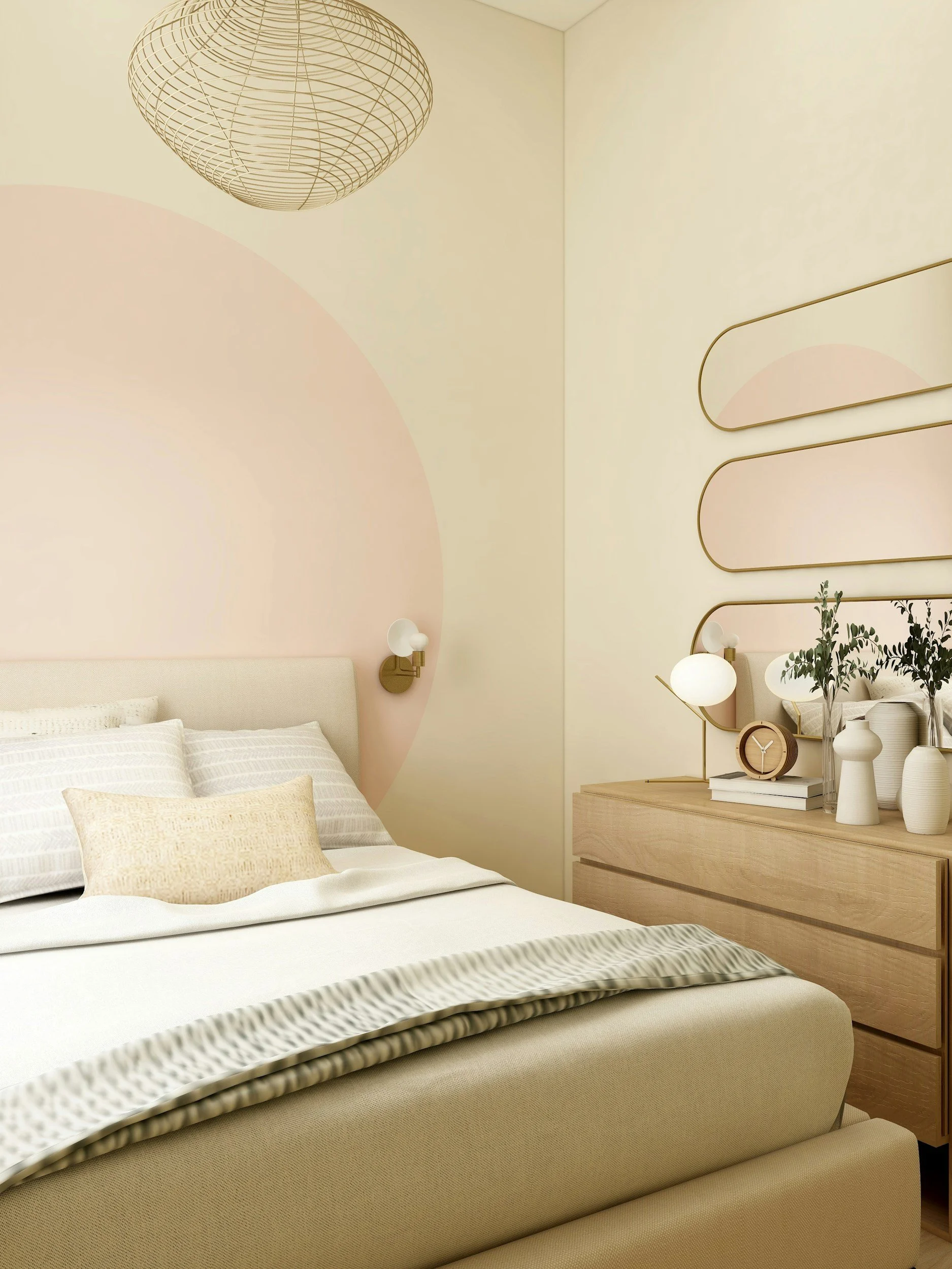 Modern boho pink mauve bedroom with dresser