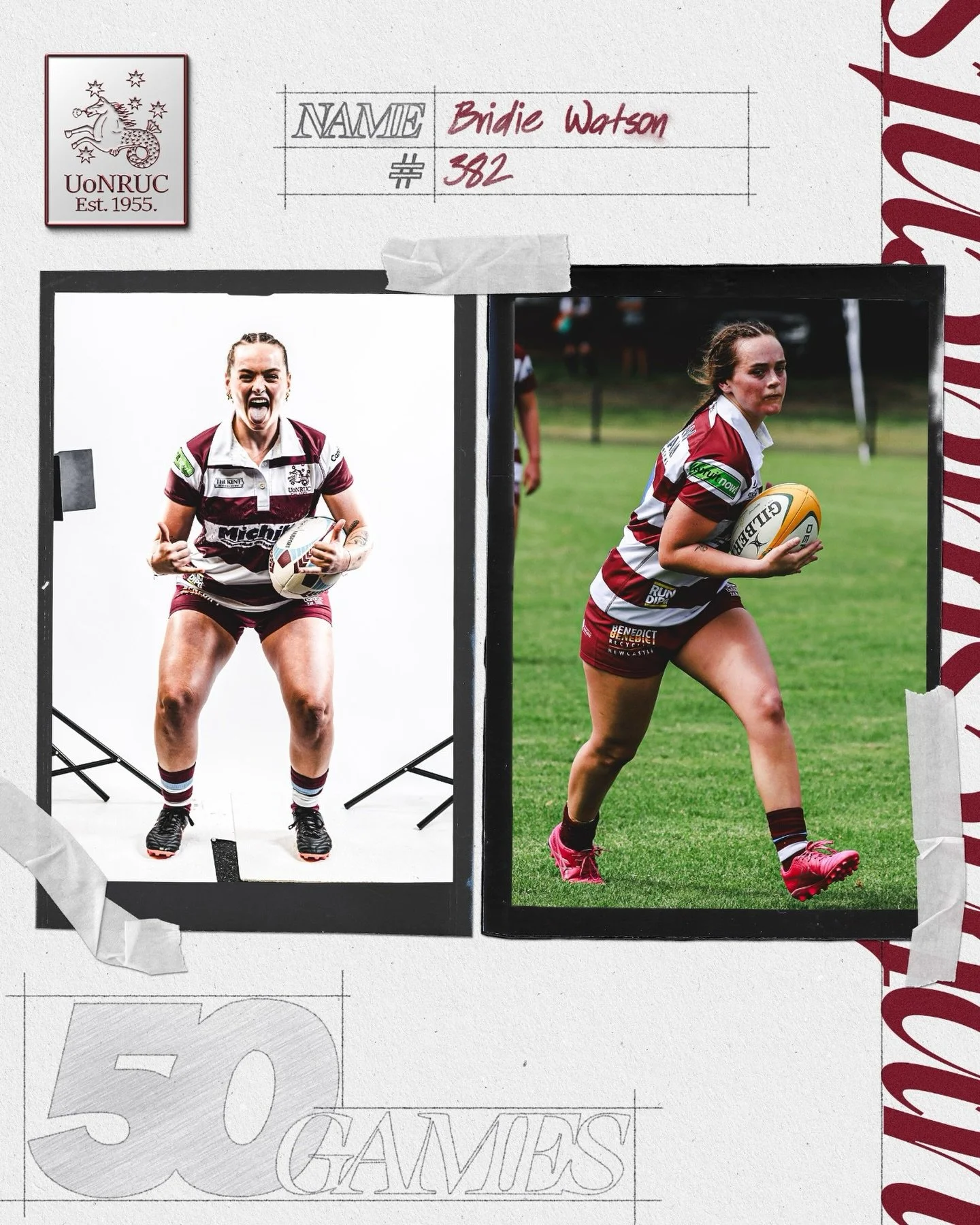 Another graduate for the 50 Club! 👩&zwj;🎓🎉 a solid fixture of the Fillies since 2022, she&rsquo;s consistently one of our best (see: bravest) tacklers and you should see her pace up the sideline! 😮&zwj;💨💨 

Congratulations Brides, here&rsquo;s 