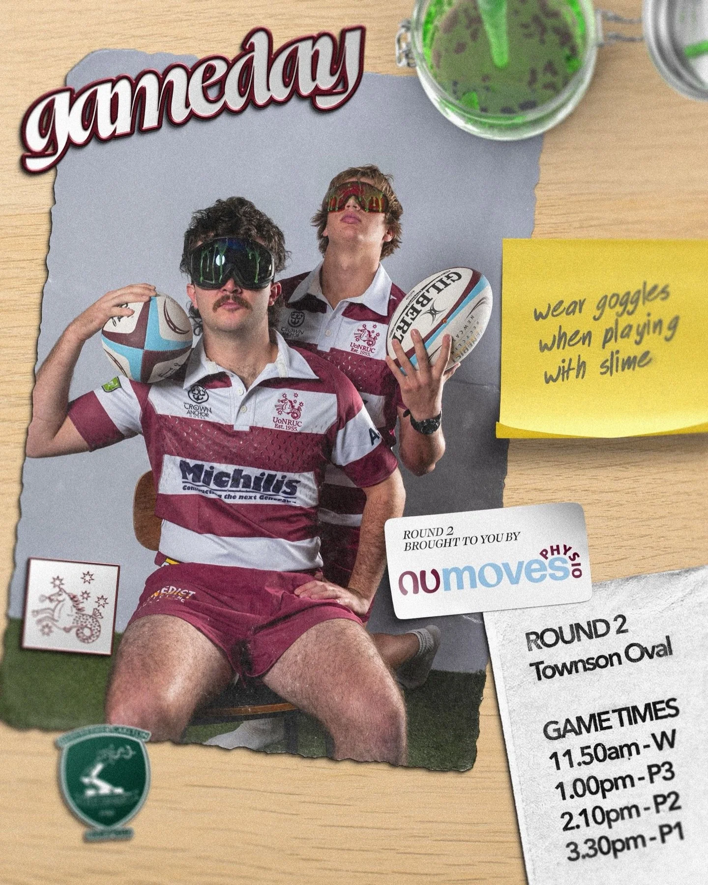 Game day!!!!! 🐴🏆

Slime, goggles, and a whole lot of Uni pride 🏉💚
Round 2 at Townson Oval &mdash; we&rsquo;re locked in and ready to go.

Pull up, get loud! 
Let&rsquo;s make it a day ⚡️ #GameDay #UniRugby #LockedIn