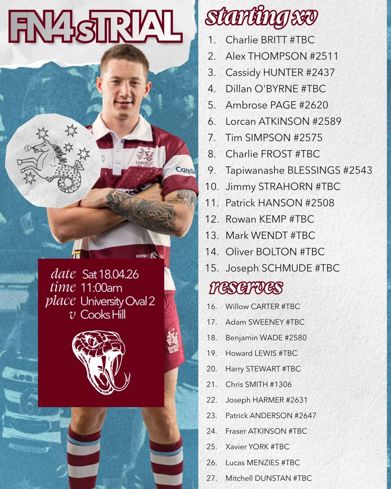 Busy day for the horse tomorrow - here&rsquo;s your Friday Night 4th Grade squad set to trial against Cooks Hill at 11am on Oval 2 😮&zwj;💨🔥 A seriously exciting mix of debutants and veterans 🤝 Get down there! 🌊🐎👀