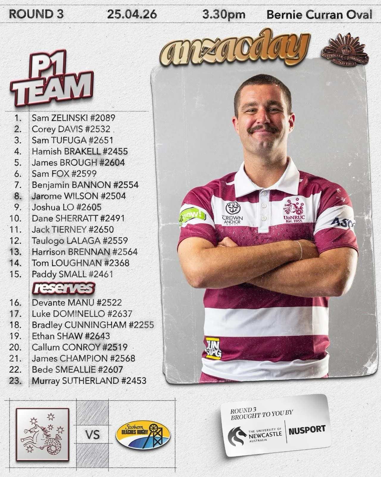 Team lists are in! 
Unfortunately Singo girls had to postpone the match, so no womens footy tomorrow. 
All the action starts from 1pm tomorrow. 

Get to Bernie Curran and reconnect with some old mates, commemorate Anzac Day with us, watch some footy,