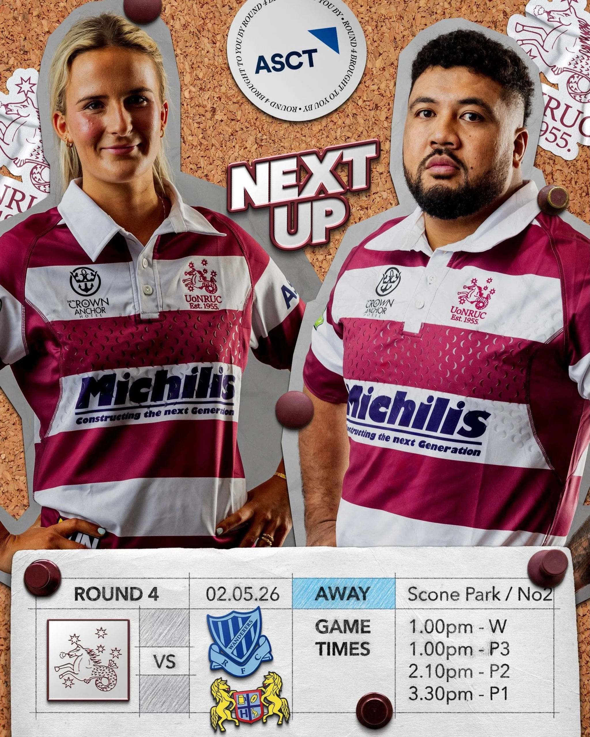 🏉 ROUND 4  NEXT UP 🏉
Our women hit the road to Scone Park for a 1:00pm kick-off as they look to keep building momentum 🔥
Our men take on Wanderers at No.2 Oval with all three grades ready for a big afternoon of footy 💪 Make a day of it and get do