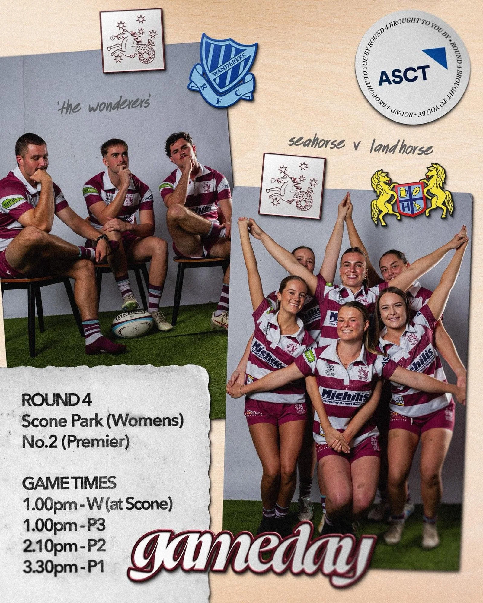 Game faces on 😤 ➡️ smiles out 😄

Seahorses ready to take on the landhorses 💪
Round 4 at Scone &ndash; let&rsquo;s bring the energy, the hits, and the wins 🔥

🕐 1:00pm &ndash; W (Scone)
🕐 1:00pm &ndash; P3
🕑 2:10pm &ndash; P2
🕞 3:30pm &ndash; 