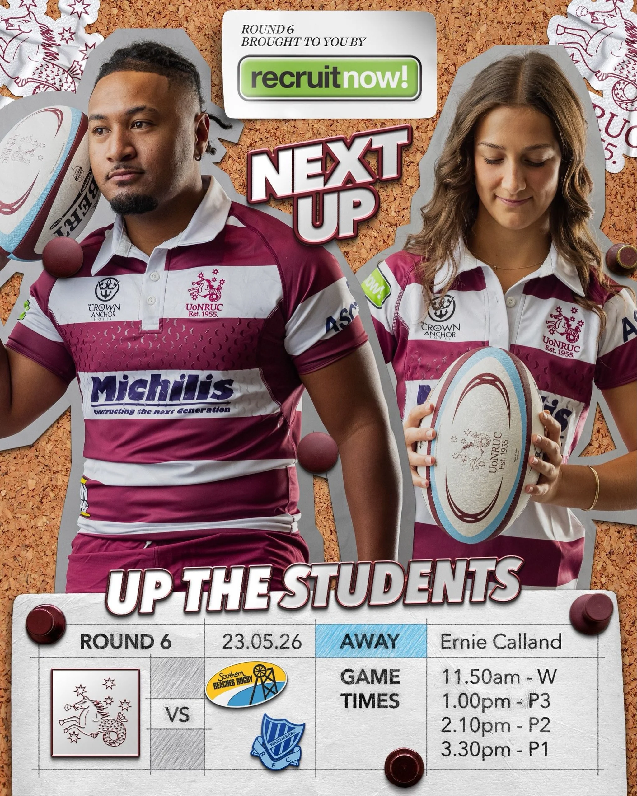 🏉 ROUND 6 🏉
📍 Ernie Calland Oval

The Students are back this Saturday for a huge day of footy 🔥
After a week off, the women take on Wanderers while the men face Southern Beaches as all 4 grades hit the field ready to rip in 💪🏽

#UpTheStudents #