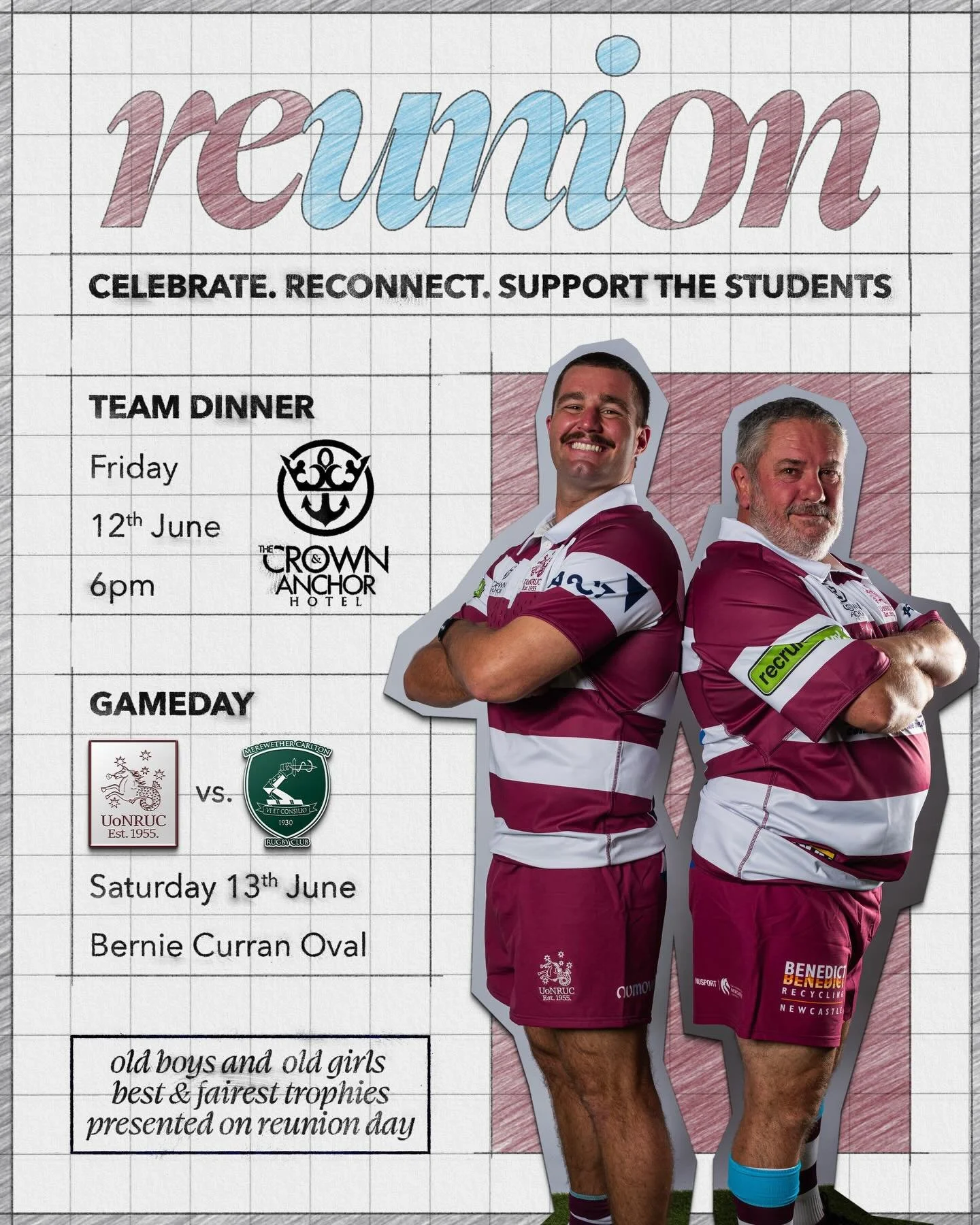 ReUNIon weekend

One club. Generations of stories. One big weekend to reconnect.

Join us upstairs at the Crown &amp; Anchor on Friday 12 June as past and present Seahorses come together to celebrate the people, memories and history that make Uni Rug