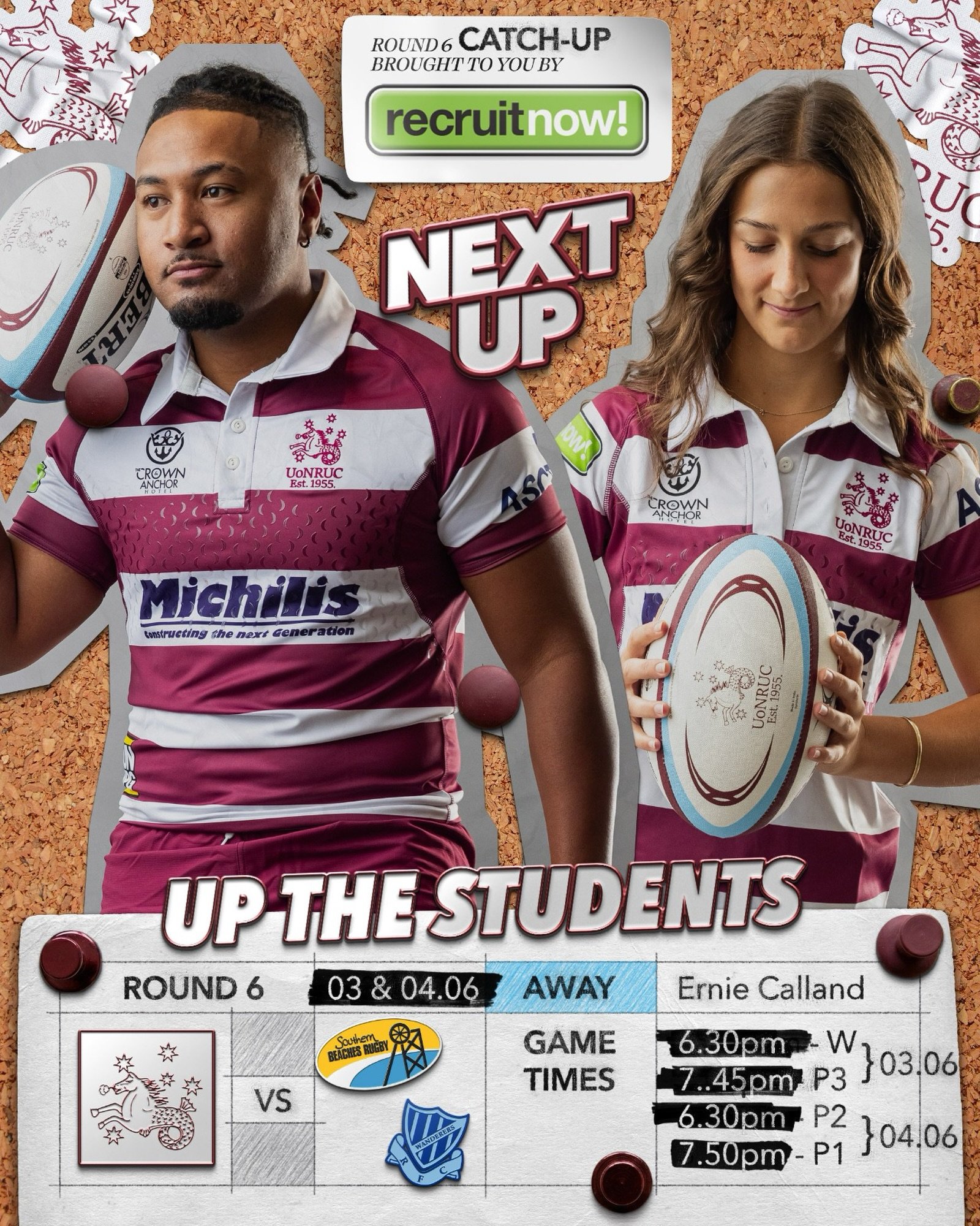 🏉 ROUND 6 CATCH-UP GAMES🏉

A big week of catch-up rugby awaits at Ernie Calland! The Women&rsquo;s side and Premier 3 take the field on Wednesday night against Wanderers and Southern Beaches, before Premier 2 and Premier 1 battle Southern Beaches o