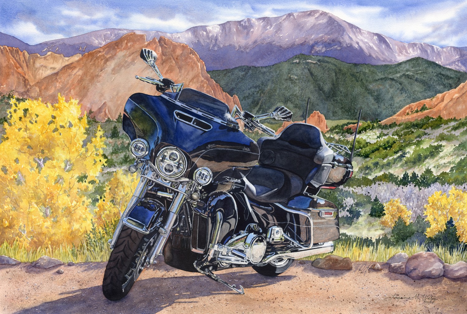 "Enjoy the Ride" watercolor of a Harley Davidson by Lorraine Watry