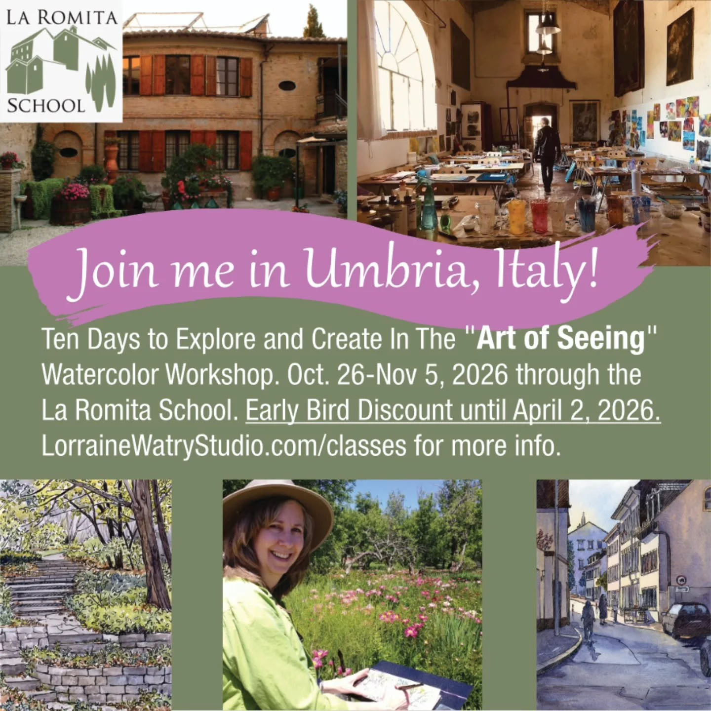 Dates: October 26 - November 5, 2026

EARLY BIRD DISCOUNT until April 2nd, 2026.

Time: 10-Day Watercolor Workshop

Location: Umbria, Italy, near Terni. Excursions to Assisi, San Gemini, Orvieto, and more.

Description: This workshop focuses on learn