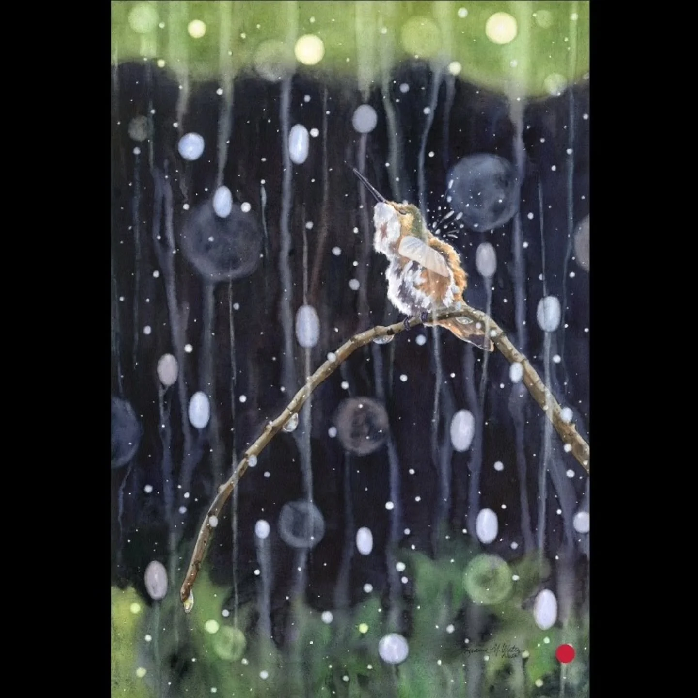 SOLD! My watercolor, "Reveling in the Rain" (22"x15") has found a new home. This is the 3rd painting in this rainy hummingbird series. All have sold now.  Thank you @hunterwolffgallery for great representation! 

# #watercolorhumm