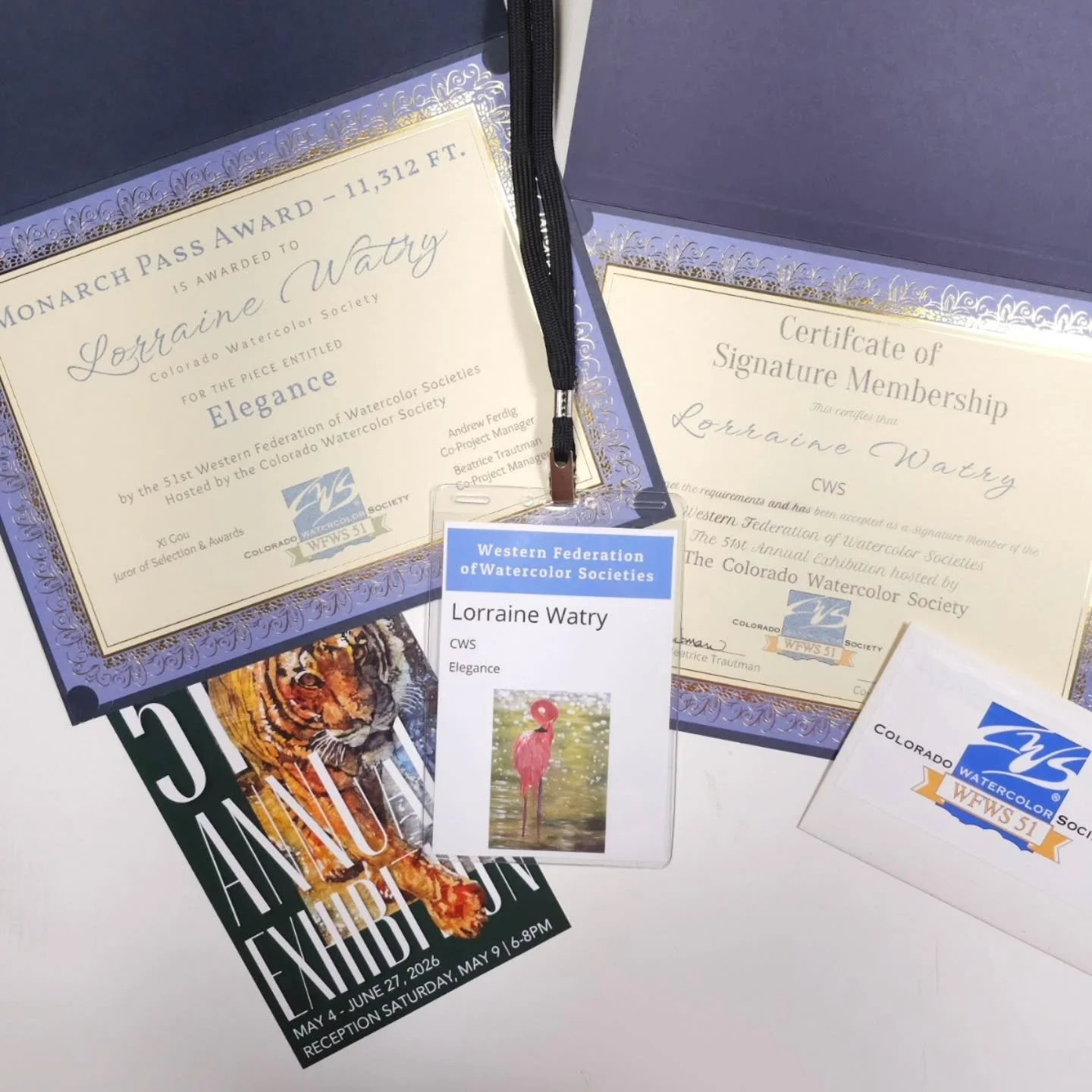 Last night was another fun watercolor evening. I attended the 2026 Western Federation Watercolor Society Exhibition awards dinner. I earned my Signature Membership this year and won an award, the Monarch Pass Award for my painting, Elegance. The Colo