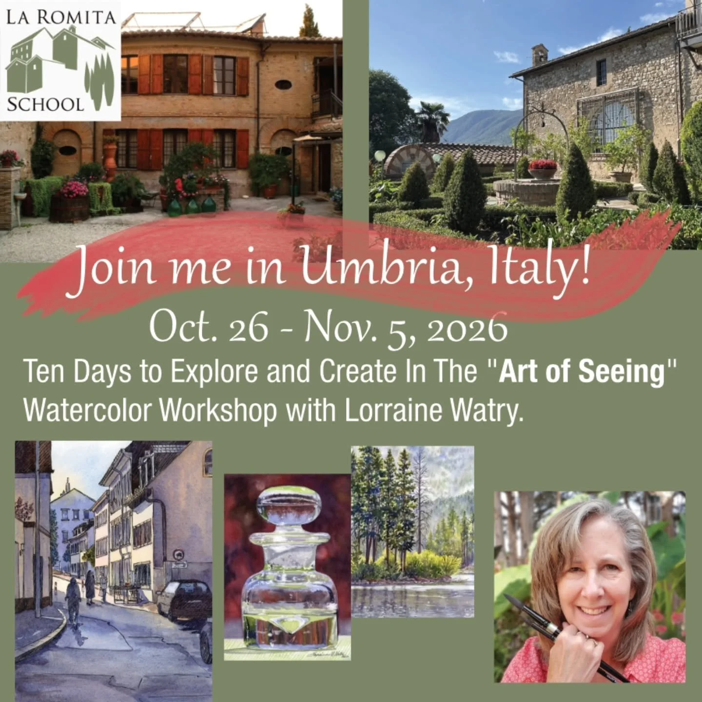 The Art of Seeing: Shapes, Light, and Color in Watercolor, 10-Day Workshop in Umbria, Italy

Dates: October 26 - November 5, 2026

Time: 10-Day Watercolor Workshop

Location: Umbria, Italy, near Terni. Excursions to Assisi, San Gemini, Orvieto, and m