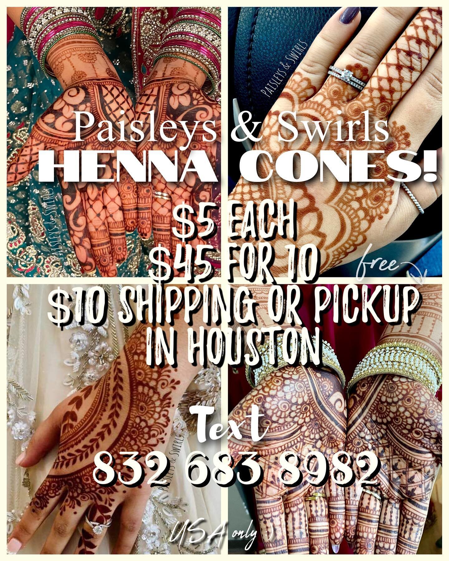 Get them in time for Eid! I need orders at least 48 hrs in advance. Cones are 20 grams each. Pickup is in Meyerland 77096. DM or text 
.
.
.
.
.
.
.
.
#naturalhenna #houstonhenna #hennahouston #mehndisupplier #hennasupplier #eidhenna