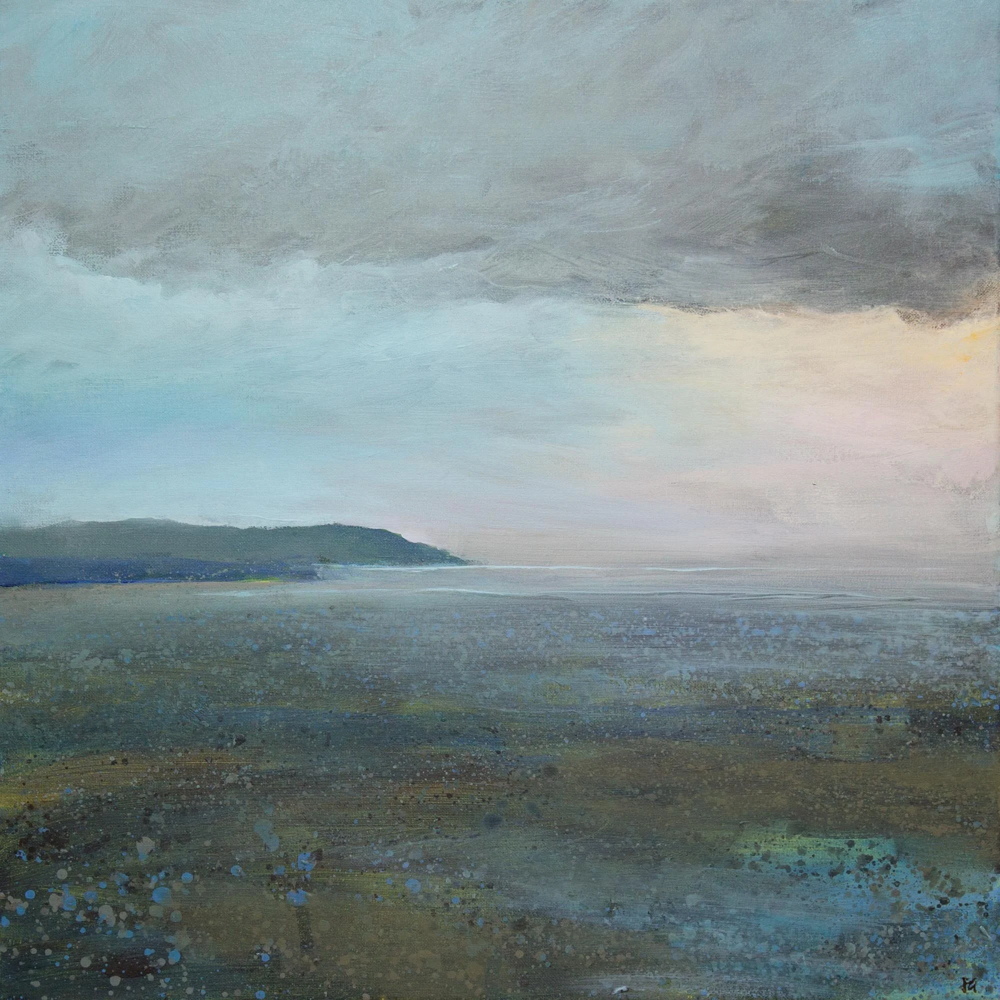 Seascape painting of water and island in the distance