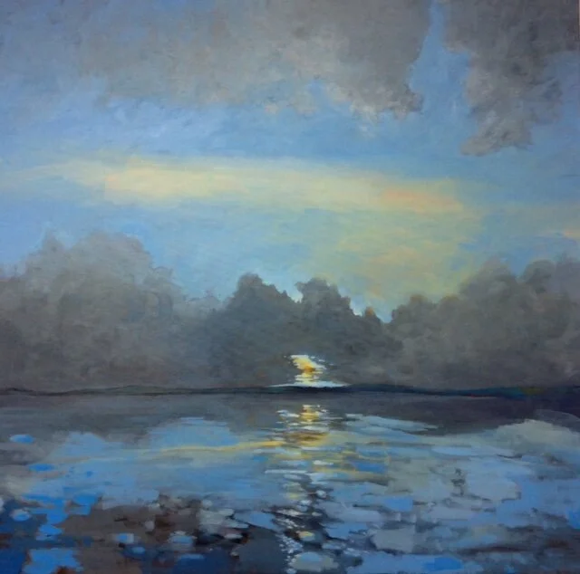 Painting of the sun through clouds over an Irish landscape