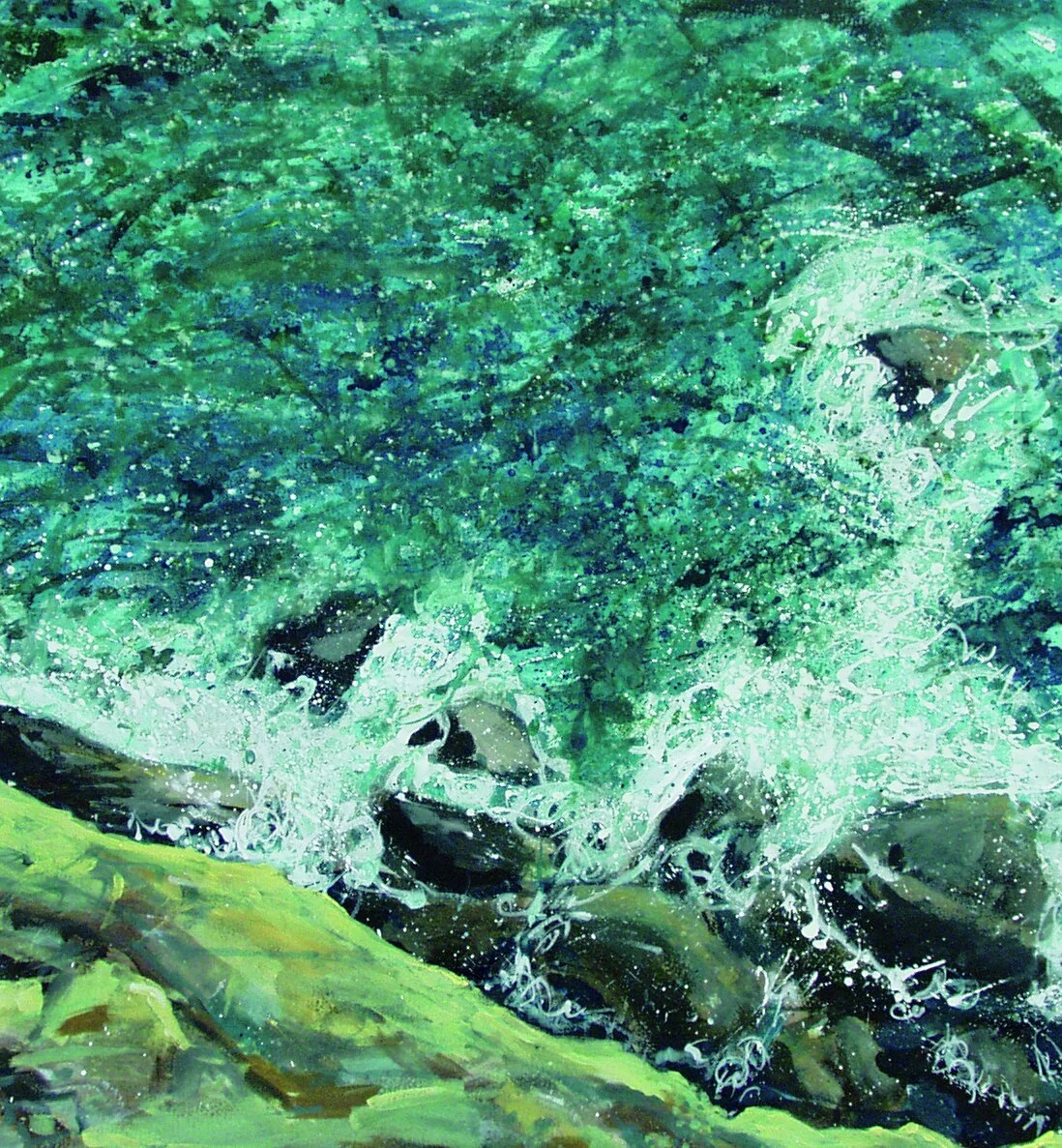 Seascape painting with a view looking down at waves in the water