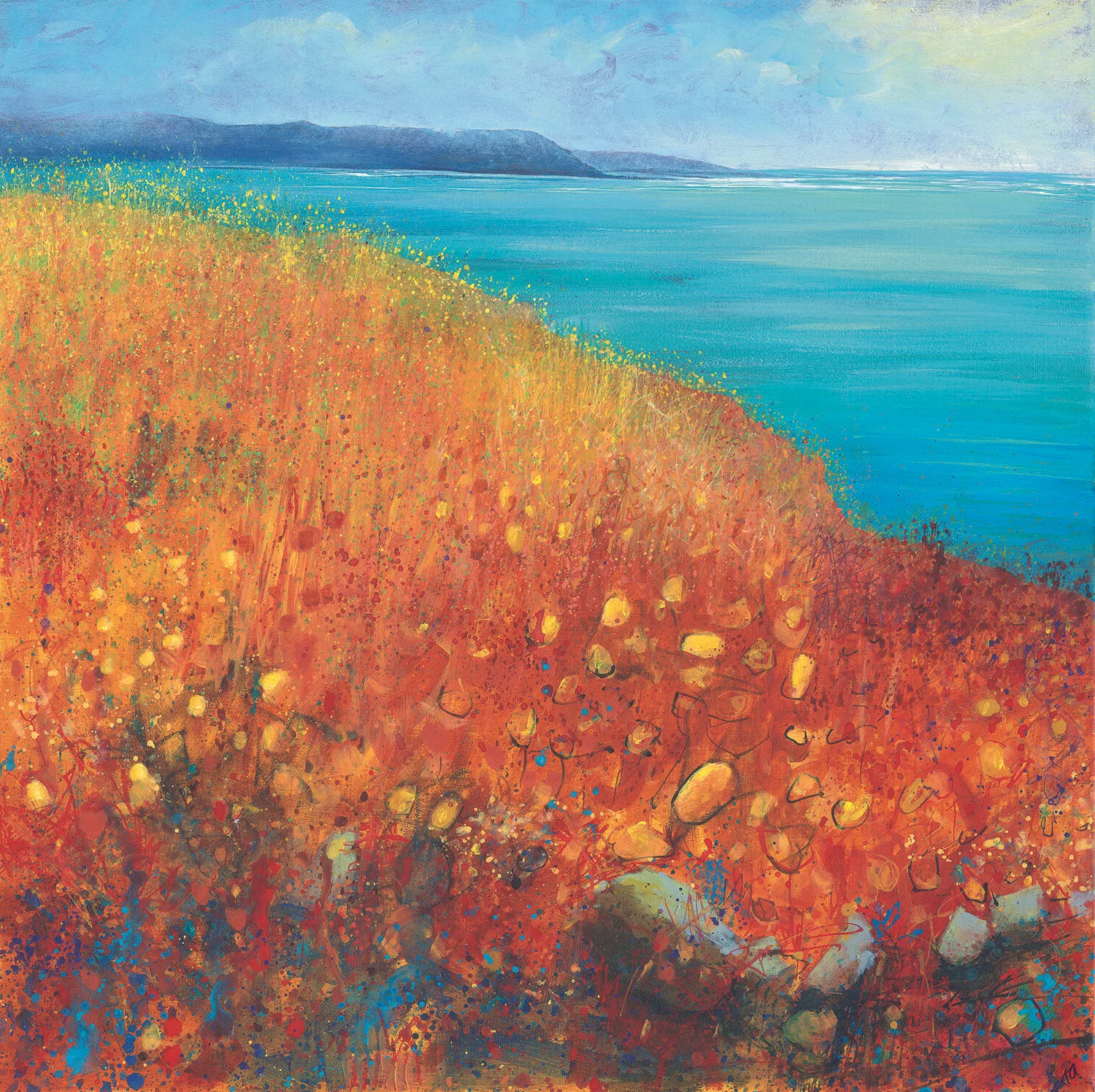 Painting of bright red and yellow landscape with the sea