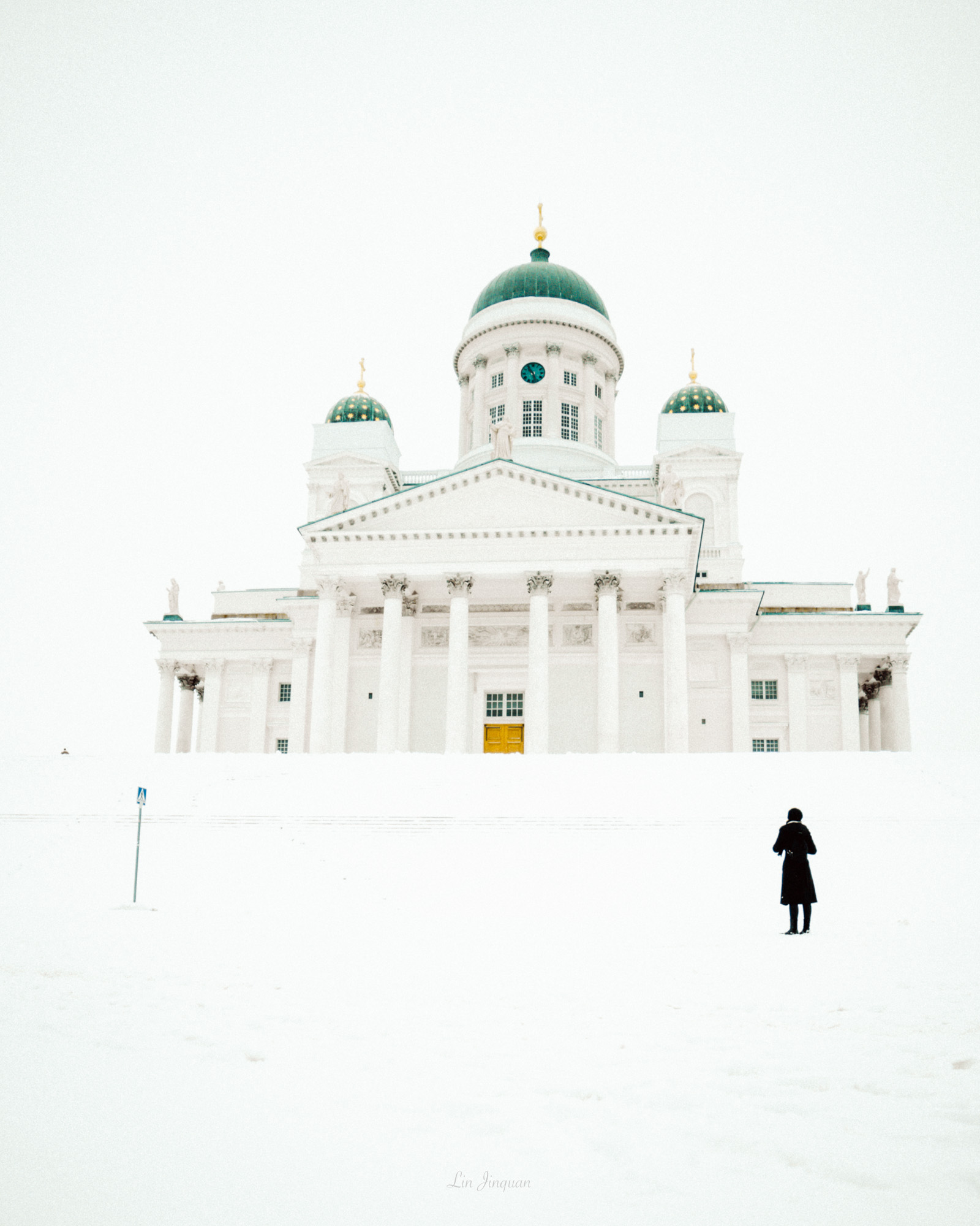 The white church is embraced by white.