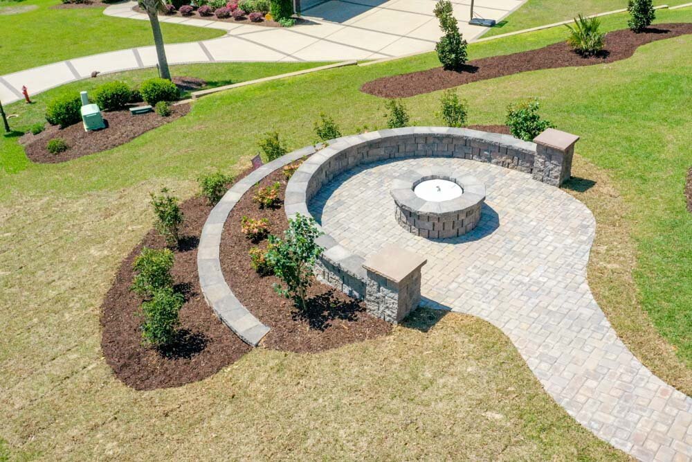 Backyard Paver Patio and Walkway with Fire Pit by Saluda Hill Landscapes