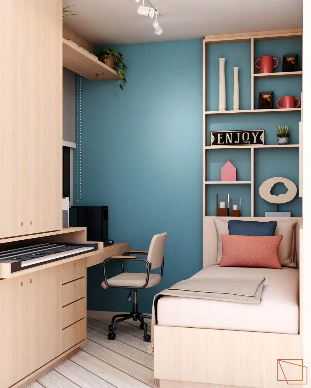 Quarto Musical: Design Inteligente Multiuso 🌎🎹 

Este &eacute; o ambiente mais desafiador desse projeto. A filha do casal mudou de pa&iacute;s para estudar, mas o cantinho dela continua esperando por ela nas f&eacute;rias.
O desafio foi esse, criar