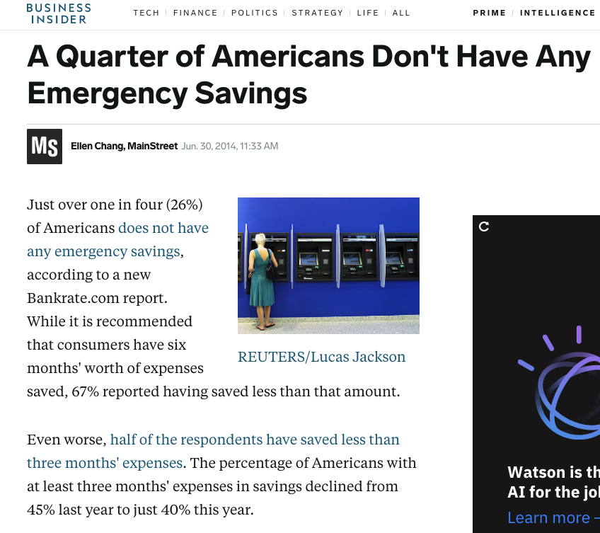 Business Insider - A Quarter of Americans Don't Have Any Emergency Savings