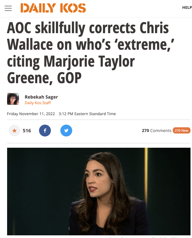 The Daily Kos - AOC skillfully corrects Chris Wallace on who’s ‘extreme,’ citing Marjorie Taylor Greene, GOP