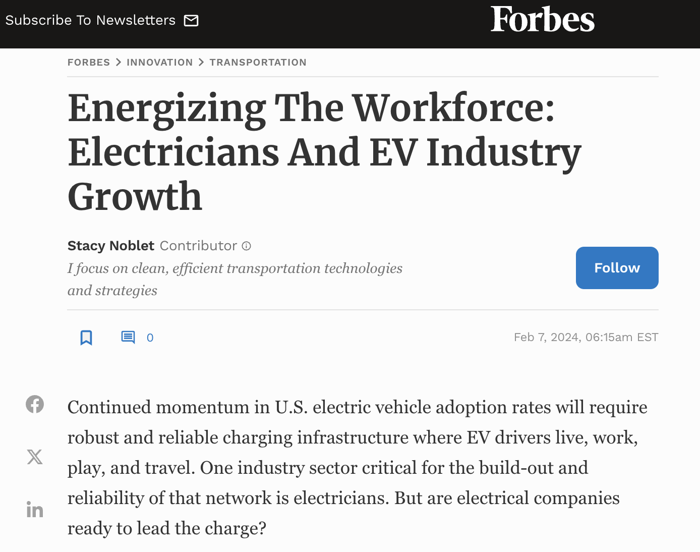 Energizing The Workforce: Electricians And EV Industry Growth_Forbes 