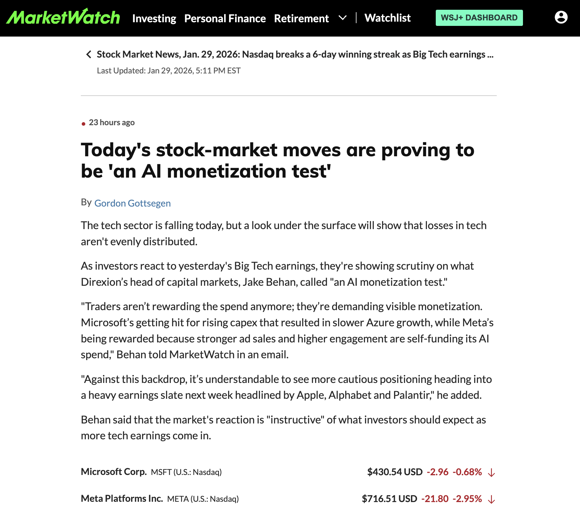MarketWatch: Today's stock-market moves are proving to be 'an AI monetization test'