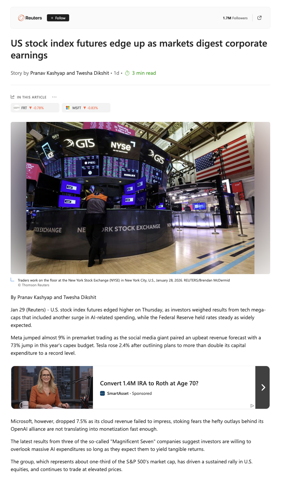 Reuters/MSN: US stock index futures edge up as markets digest corporate earnings