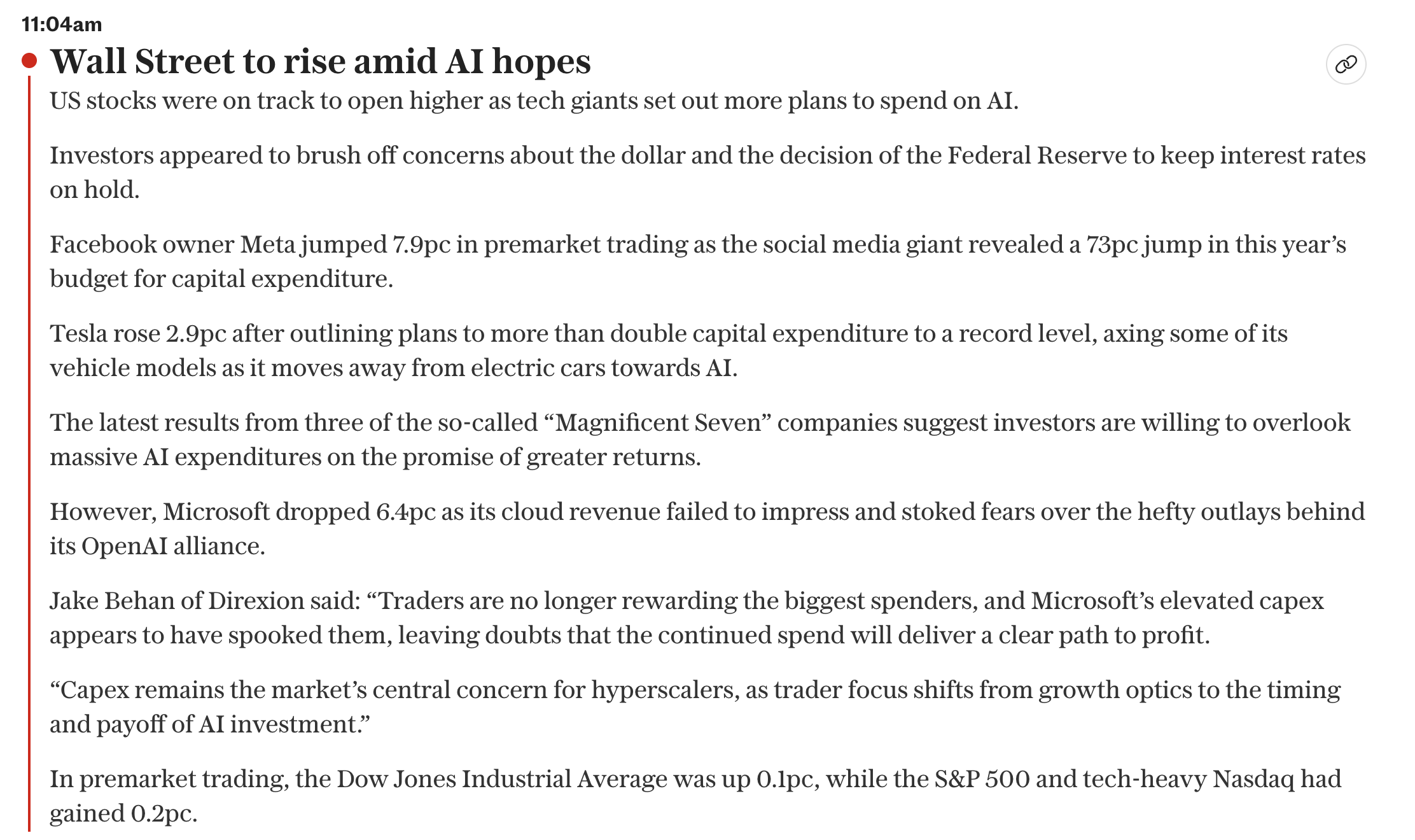 The Telegraph: Wall Street to rise amid Al hopes