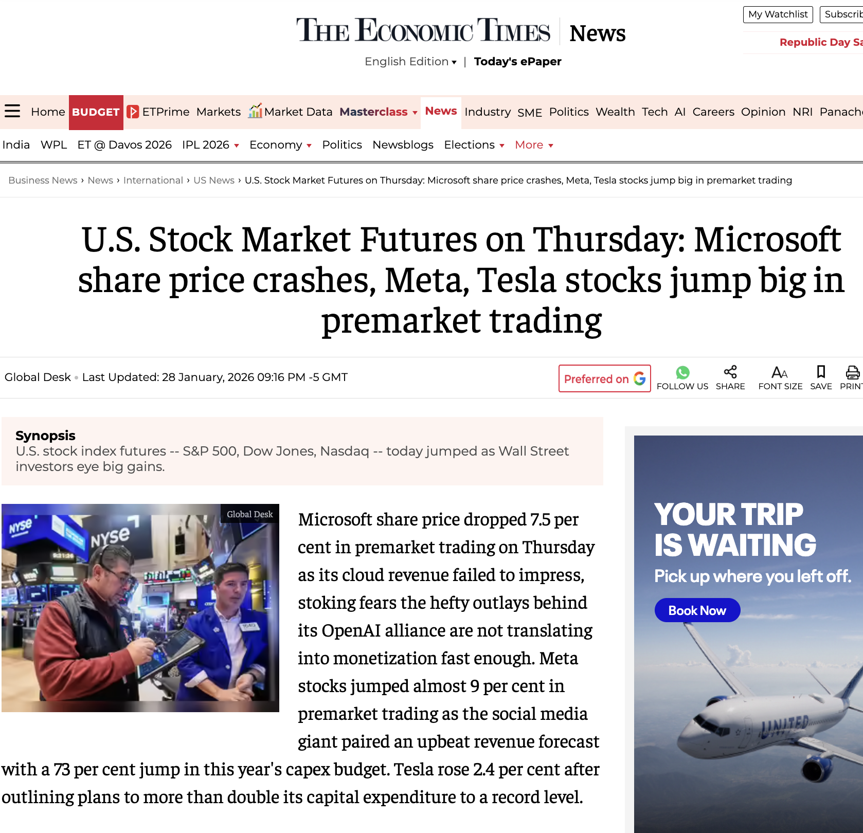 The Economic Times: U.S. Stock Market Futures on Thursday: Microsoft share price crashes, Meta, Tesla stocks jump big in premarket trading