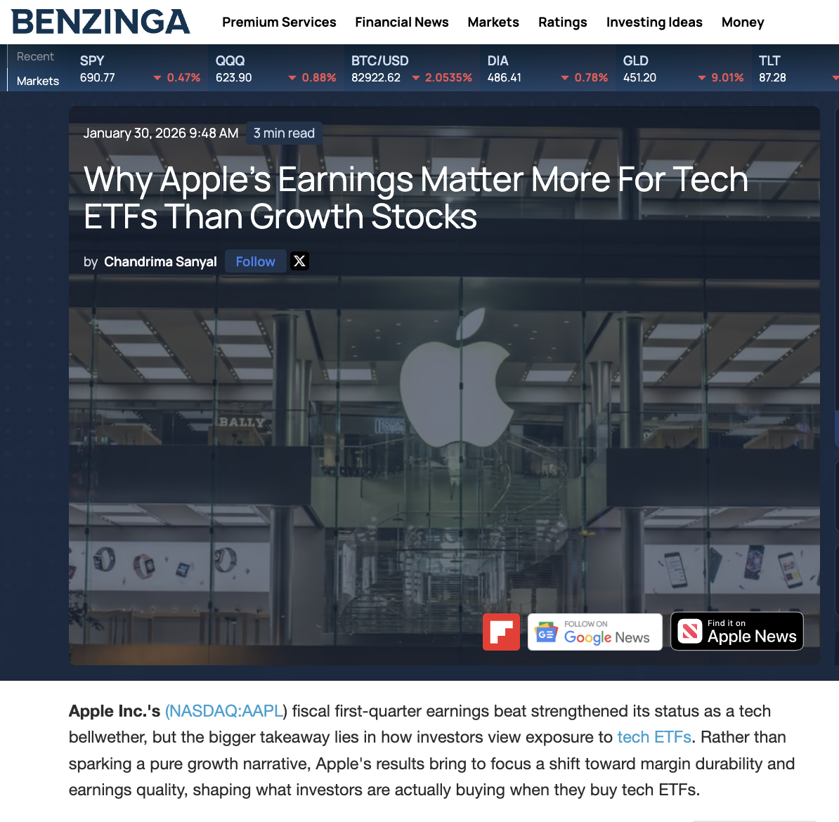 Benzinga: Why Apple's Earnings Matter More For Tech ETFs Than Growth Stocks