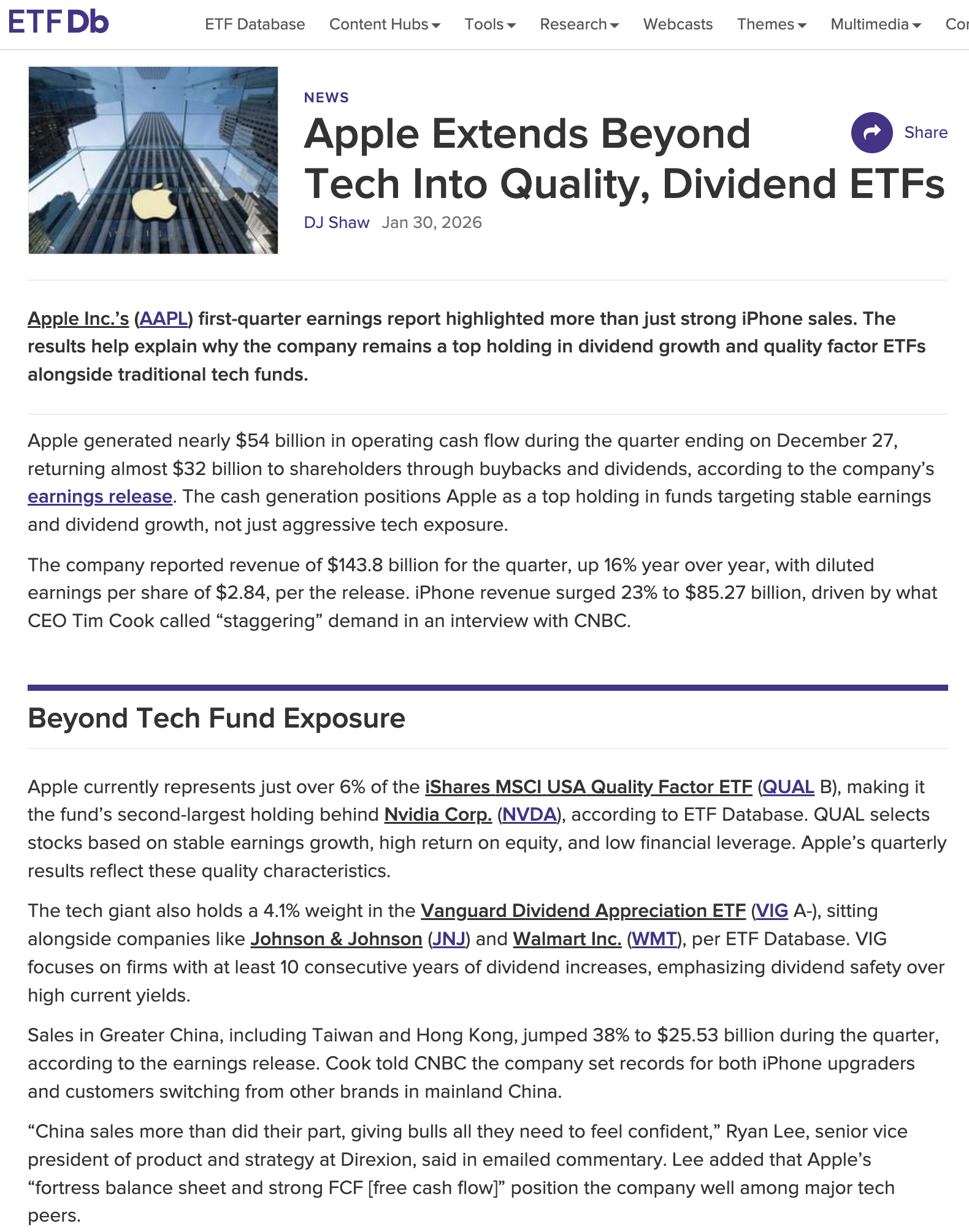 ETFDb.com: Apple Extends Beyond Tech Into Quality, Dividend ETFs