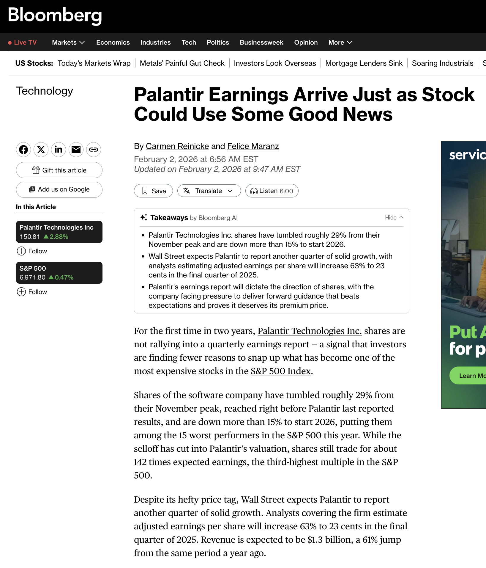 Bloomberg: Palantir Earnings Arrive Just as Stock Could Use Some Good News