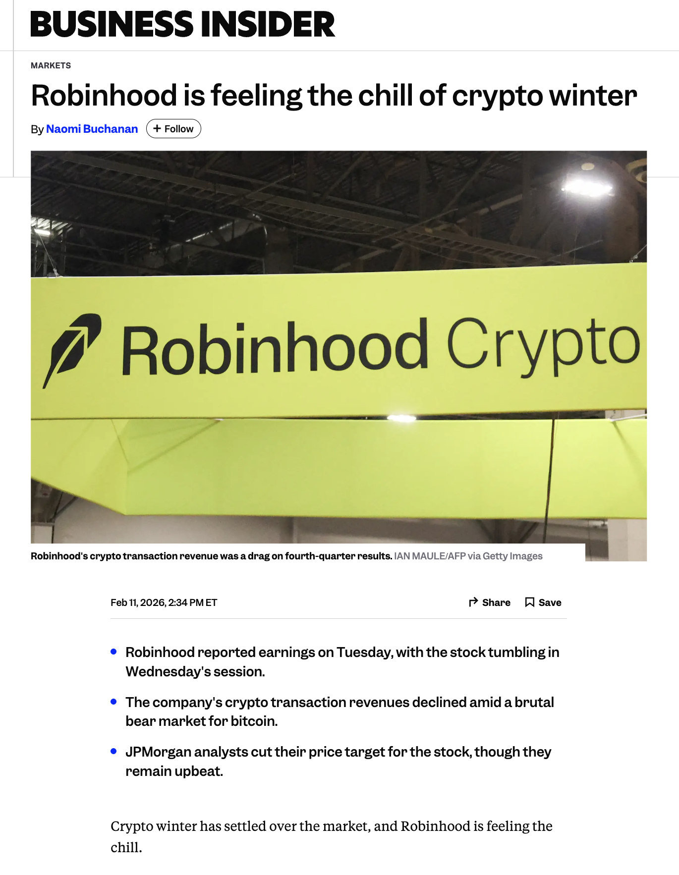 Business Insider: Robinhood is feeling the chill of crypto winter