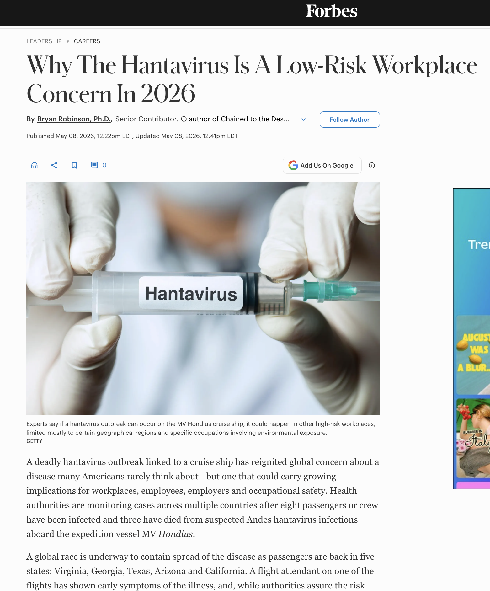 Forbes: Why The Hantavirus Is A Low-Risk Workplace Concern In 2026