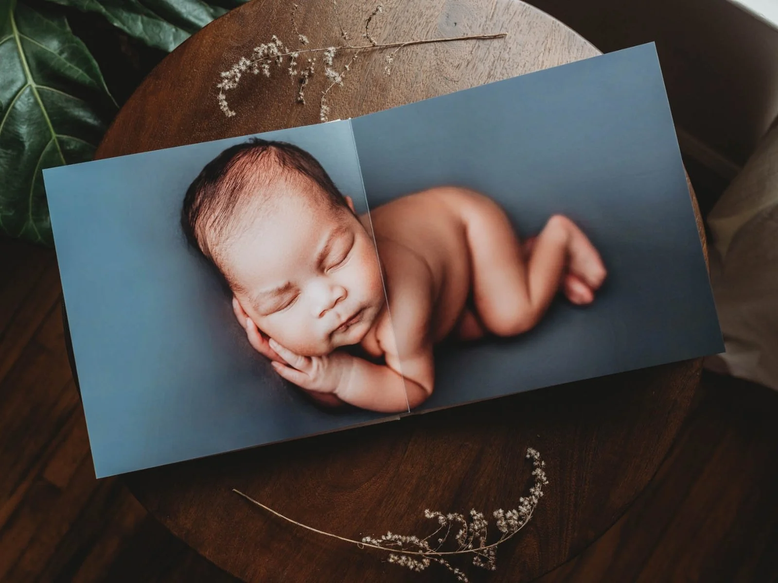 Professional album laid open, showing newborn baby boy at his Fairfield County photoshoot
