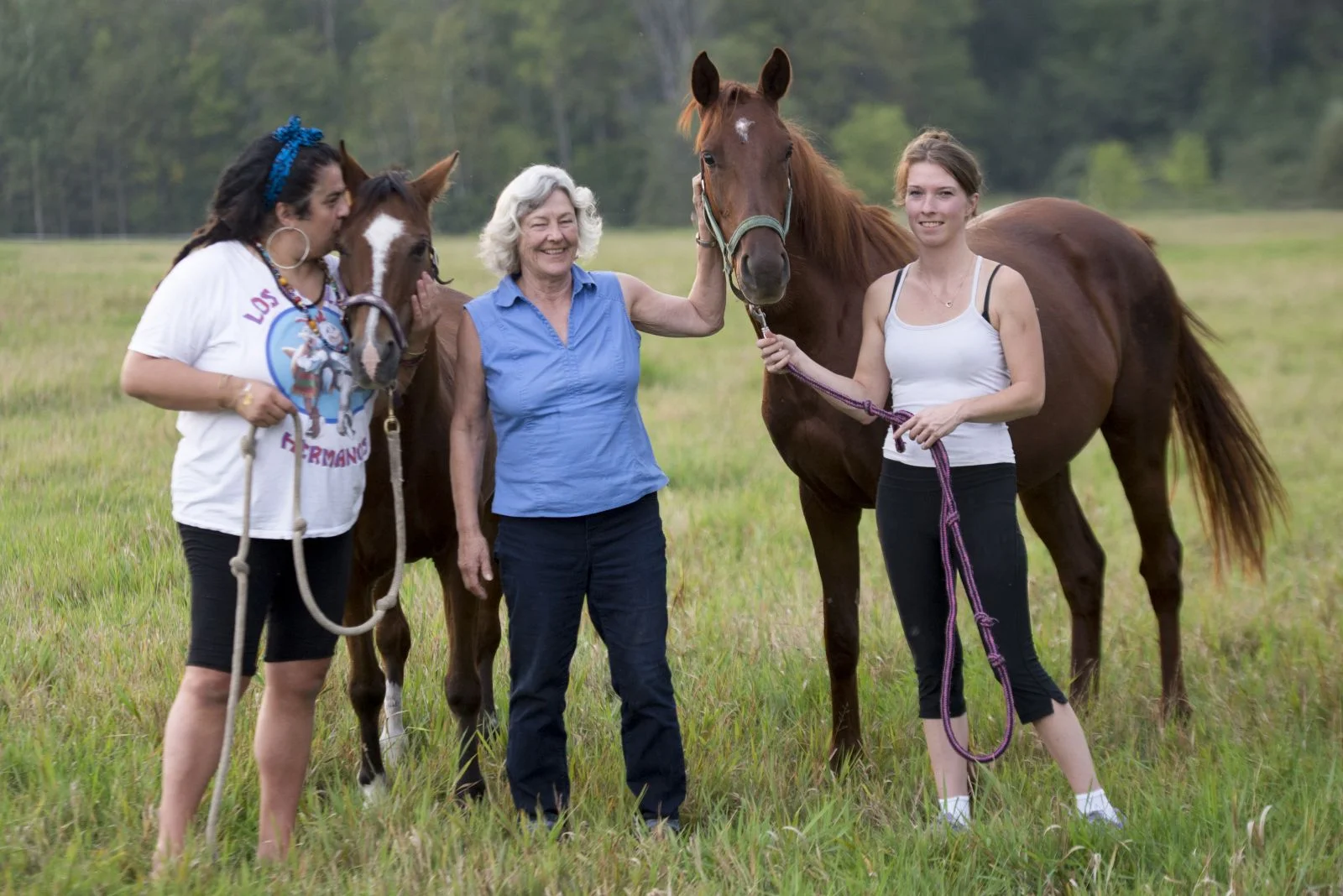 Rescued horse Red, rescued pony Lucy with Tanya, Catherine and Red's new owner Ashley